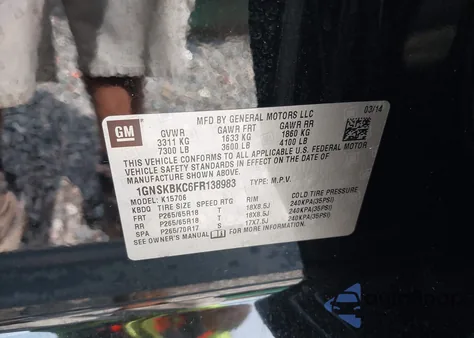 2015 Chevrolet Tahoe Lt from USA, damaged, VIN 1GNSKBKC6FR138983